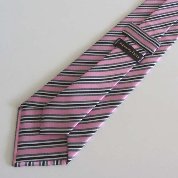 STEFANO RICCI pink/blk/white striped tie 100% silk - Picture 2 of 7
